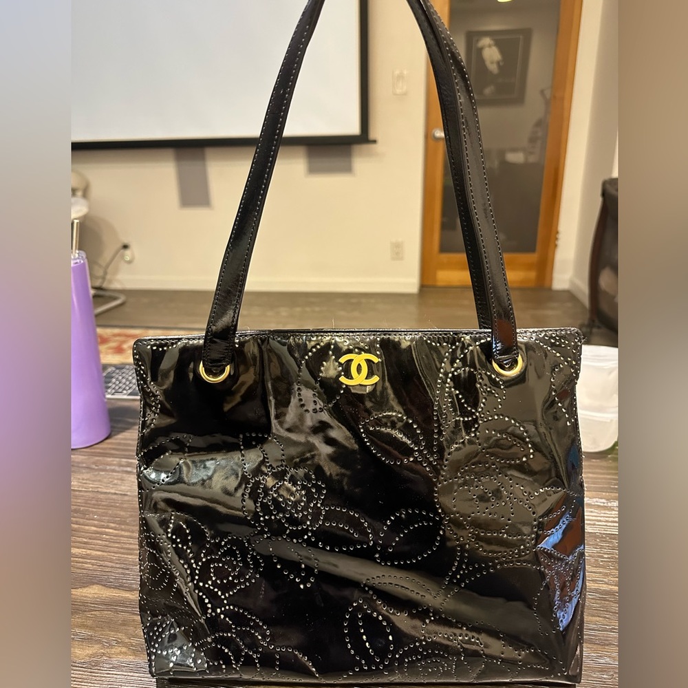 Chanel Patent Perforated Camellia Tote Black